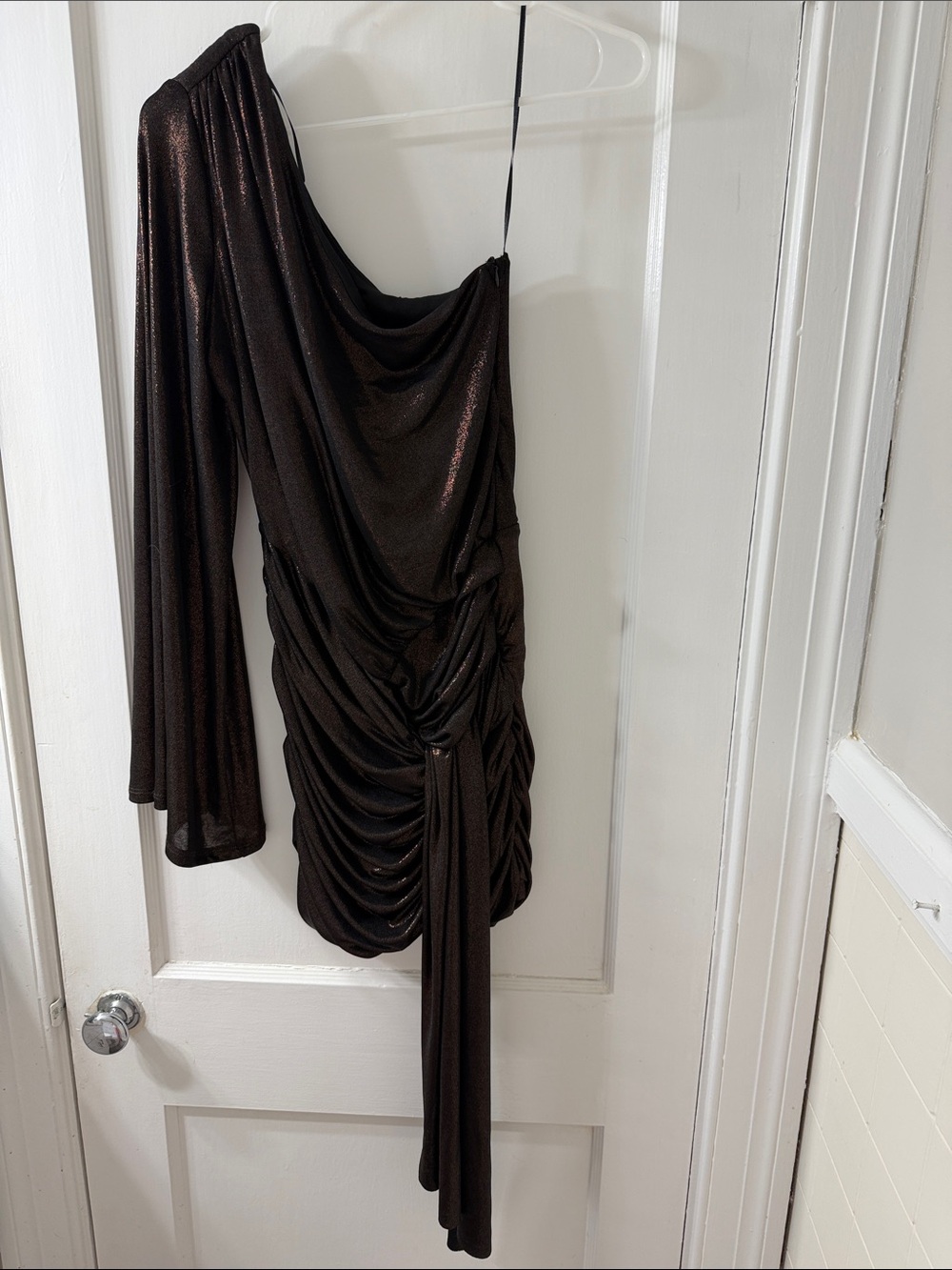 Zara One-Shoulder Black Metallic Ruched Mini Dress